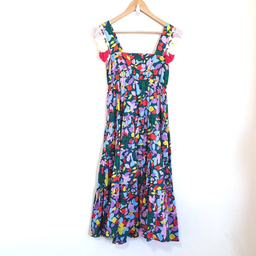J Crew Womens Tiered Tassel Dress Size XS Confetti Floral Midi Resort Coquette‎